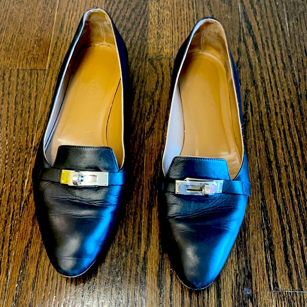 Authentic Black Hermes Kelly loafers with silver buckle